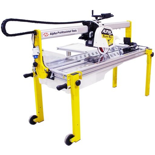 Alpha black belt Tile cutting machine with yellow and white design on a white background
