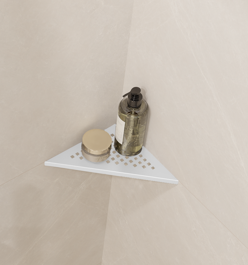 GURU Evolux PLUS Triangle Shower Corner Shelf Installed, Brushed