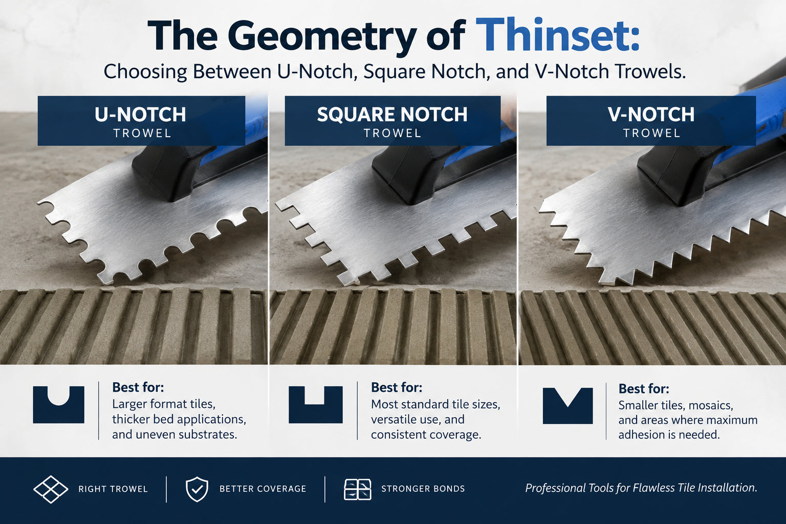 V-Notch vs. Square-Notch vs. U-Notch Trowels: What’s the Difference?