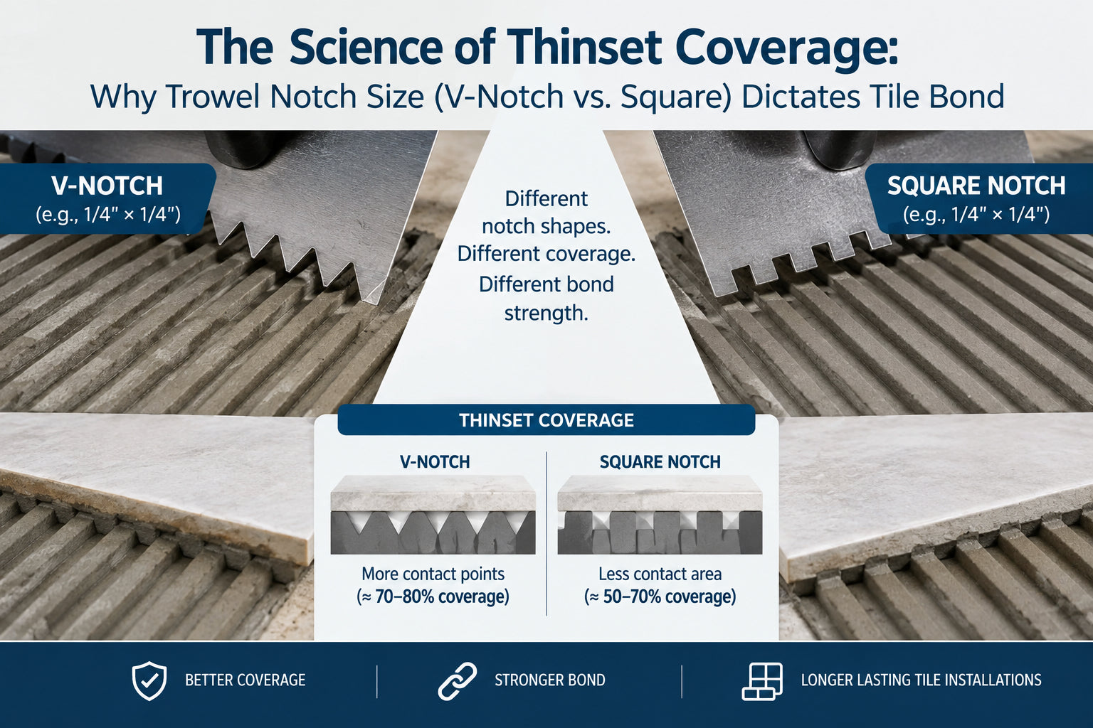 The Science of Thinset Coverage: Why Trowel Notch Size (V-Notch vs. Square) Dictates Tile Bond