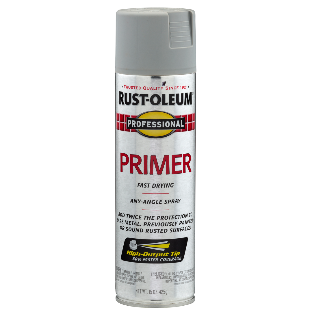 Rust-Oleum Professional Primer Spray, Flat Gray - 15 oz can with a high-performance, durable formula, ideal for metal surfaces.