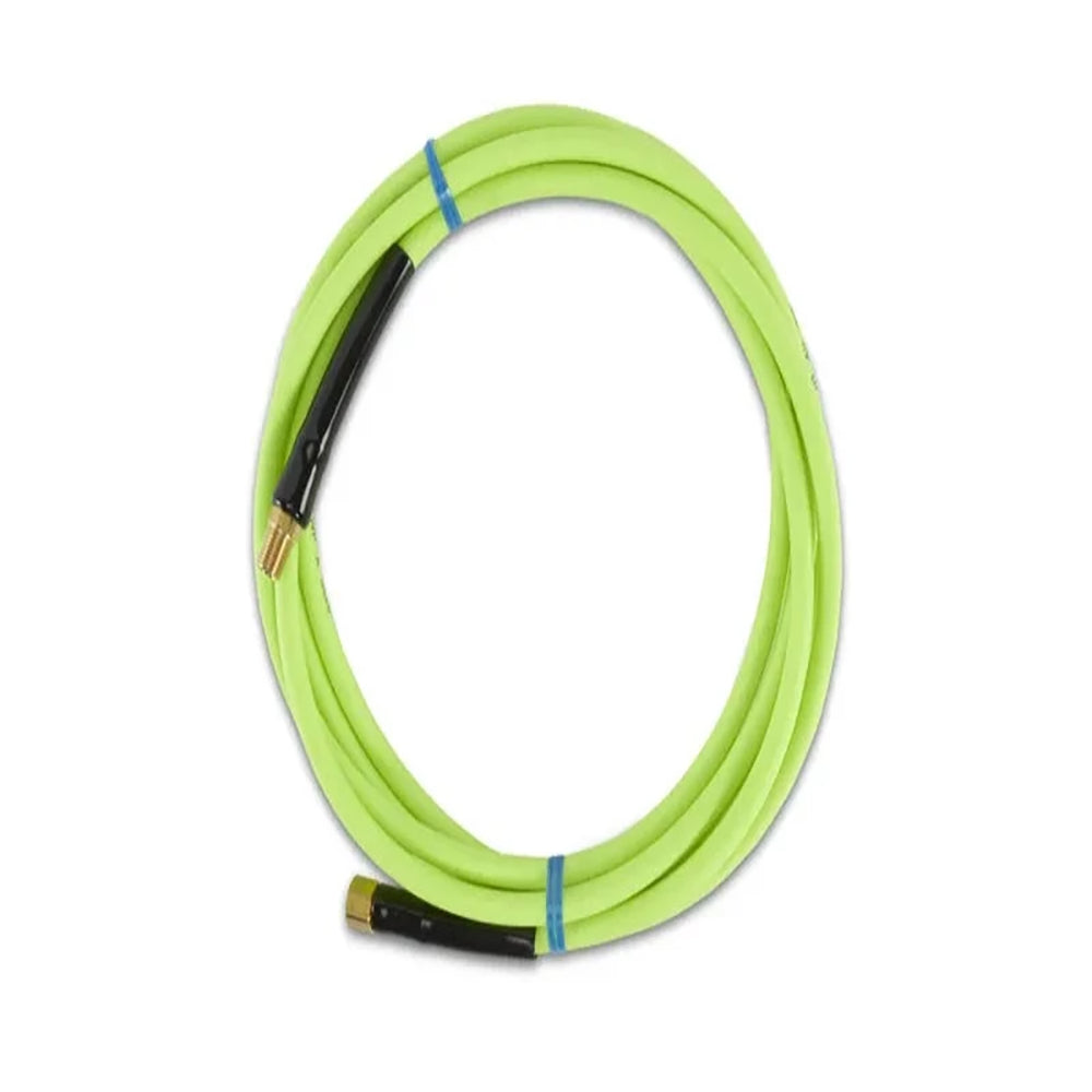 Coiled green garden hose on a white background