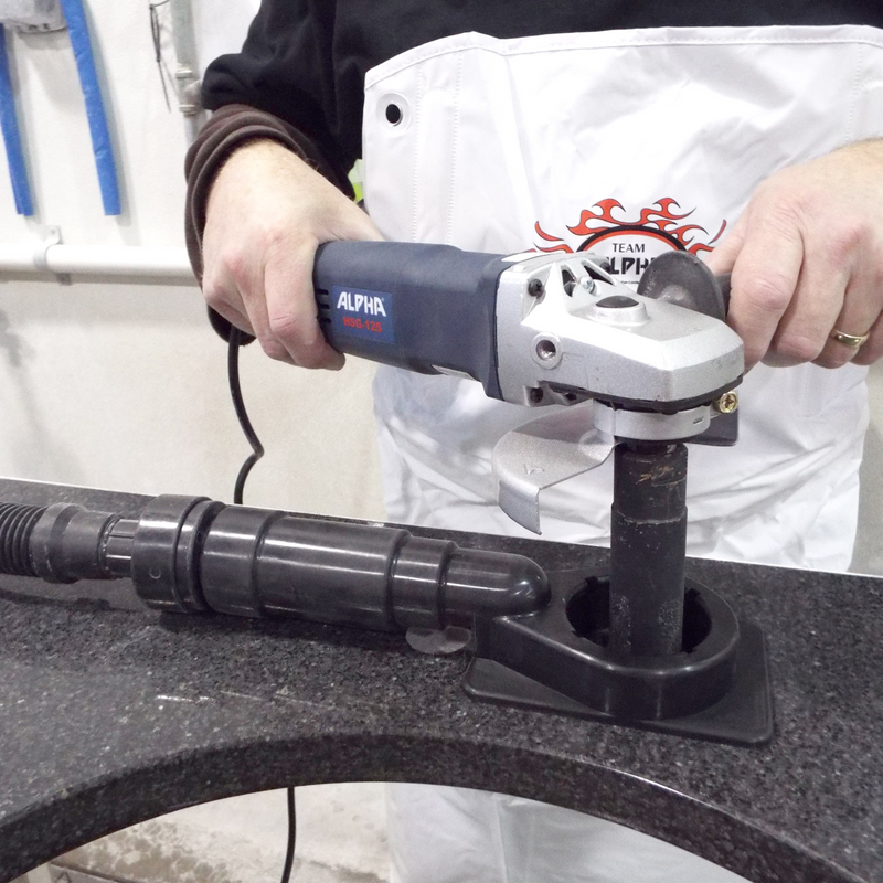 Alpha Professional Tools Ecoguard Type CD Dust Collection Cover being used for drilling countertop holes