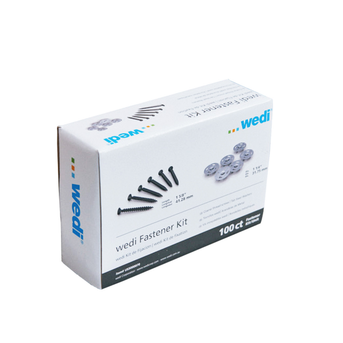 A box of Wedi Fastener Kit containing 100 ceramic coated screws and 100 steel washers for attaching building panels.