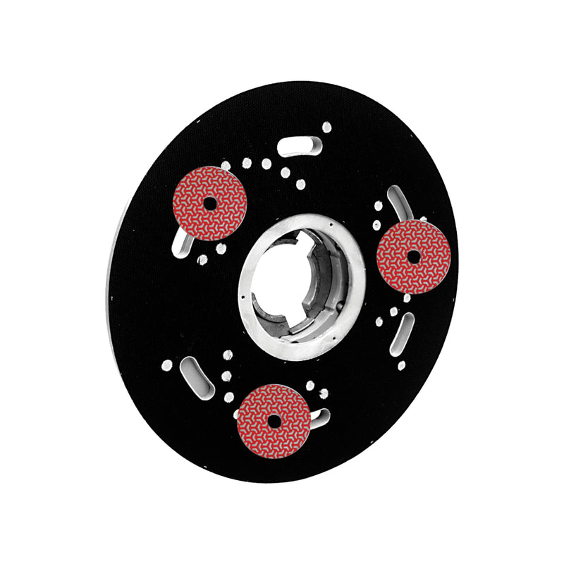 Black wheel with red and white polishing pads on a white background