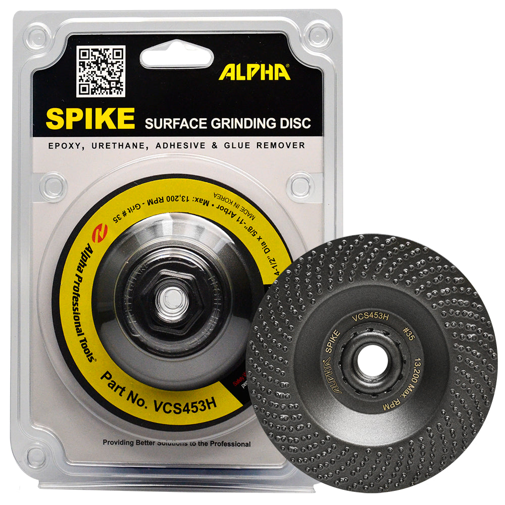 Alpha Spike surface grinding disc packaging with a close-up of the disc on a white background