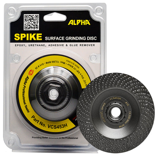 Alpha Spike surface grinding disc packaging with a close-up of the disc on a white background