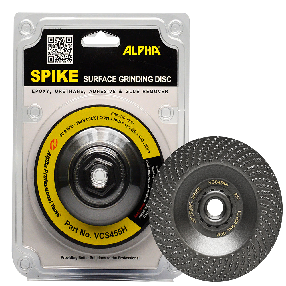 Alpha Spike surface grinding disc packaging with a close-up of the disc on a white background