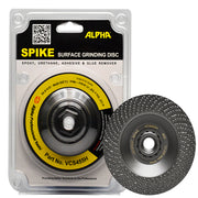 Alpha Spike surface grinding disc packaging with a close-up of the disc on a white background