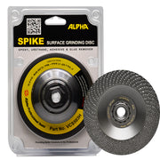 Alpha Spike surface grinding disc packaging with a close-up of the disc on a white background