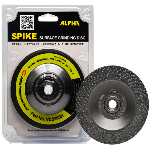 Alpha Spike surface grinding disc packaging with a close-up of the disc on a white background