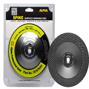 Alpha Spike surface grinding disc packaging with a close-up of the disc on a white background