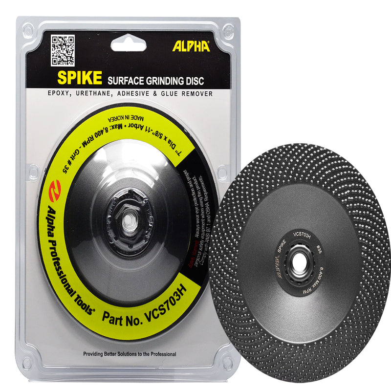Alpha Spike surface grinding disc packaging with a close-up of the disc on a white background