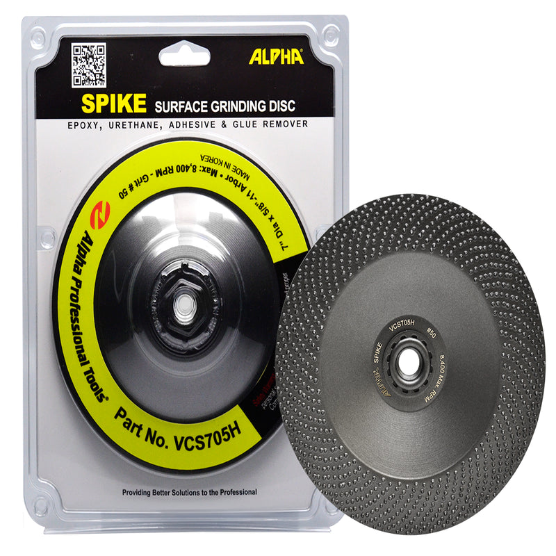 Alpha Spike surface grinding disc packaging with a close-up of the disc on a white background
