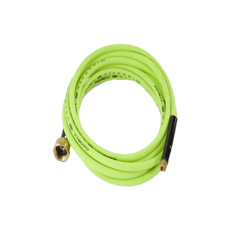 Coiled green air hose with brass fitting on a white background