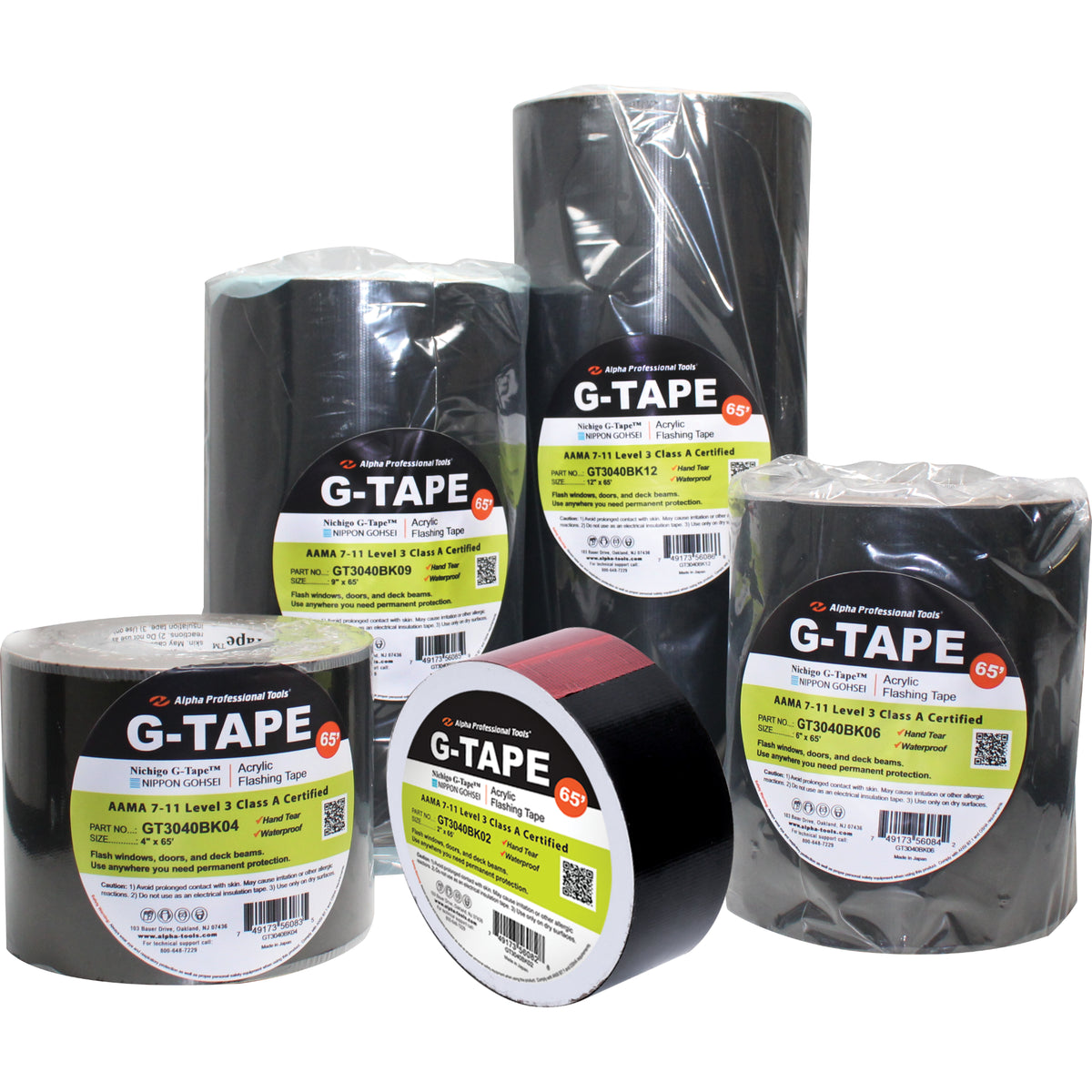 Collection of G-Tape rolls with labels on a white background