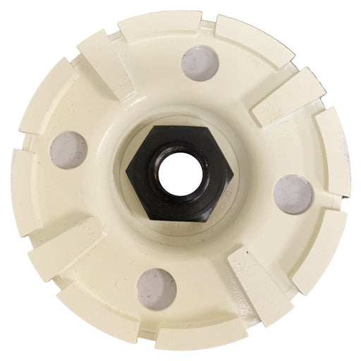 Circular mechanical component with a central black hexagonal bolt on a white background