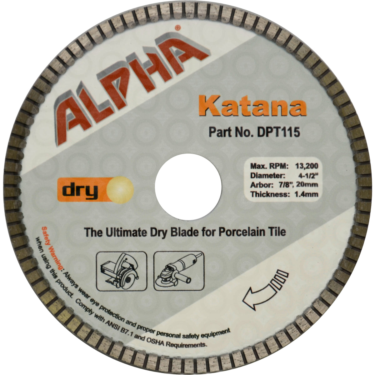 Alpha 4.5 inch Katana diamond blade for porcelain tile on a white background