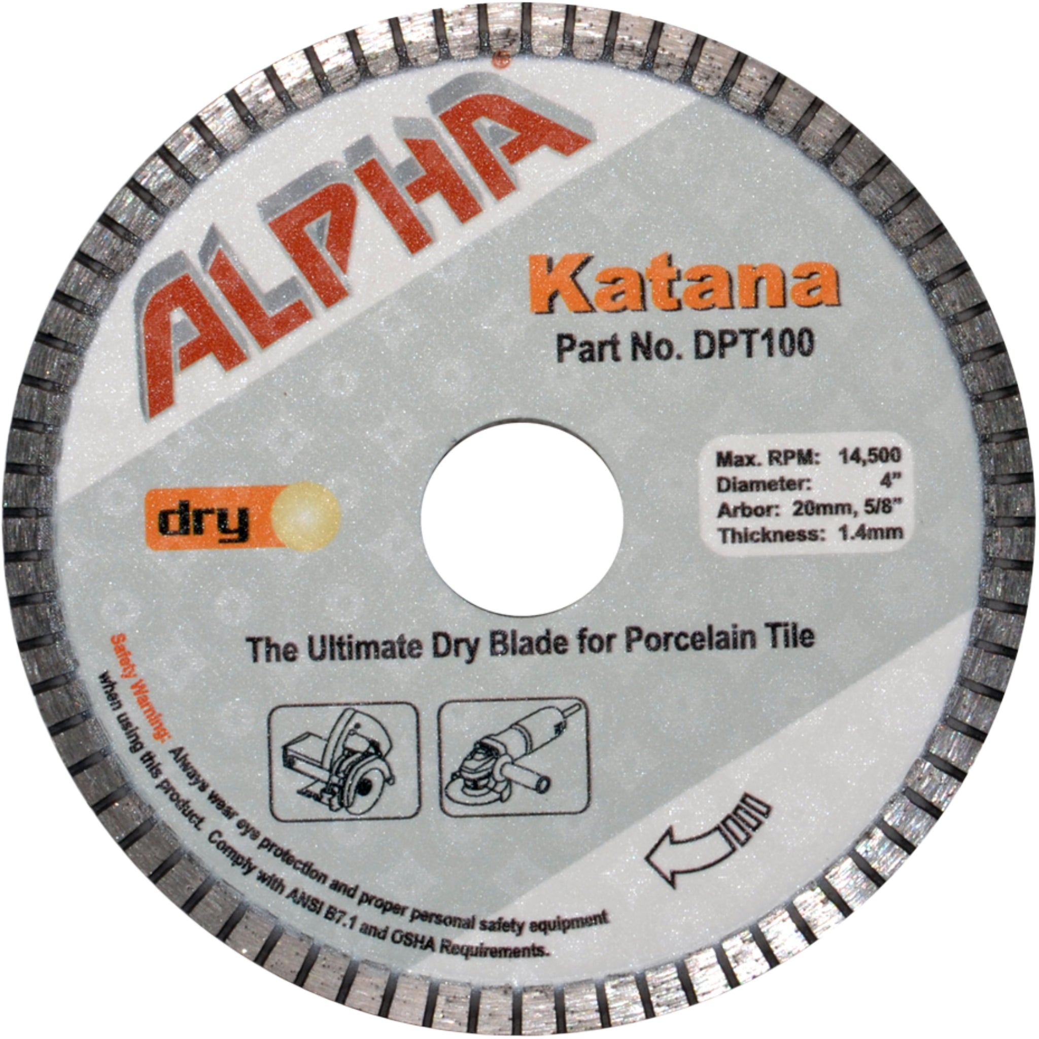 Alpha 4 inch Katana diamond blade for porcelain tile on a white background
