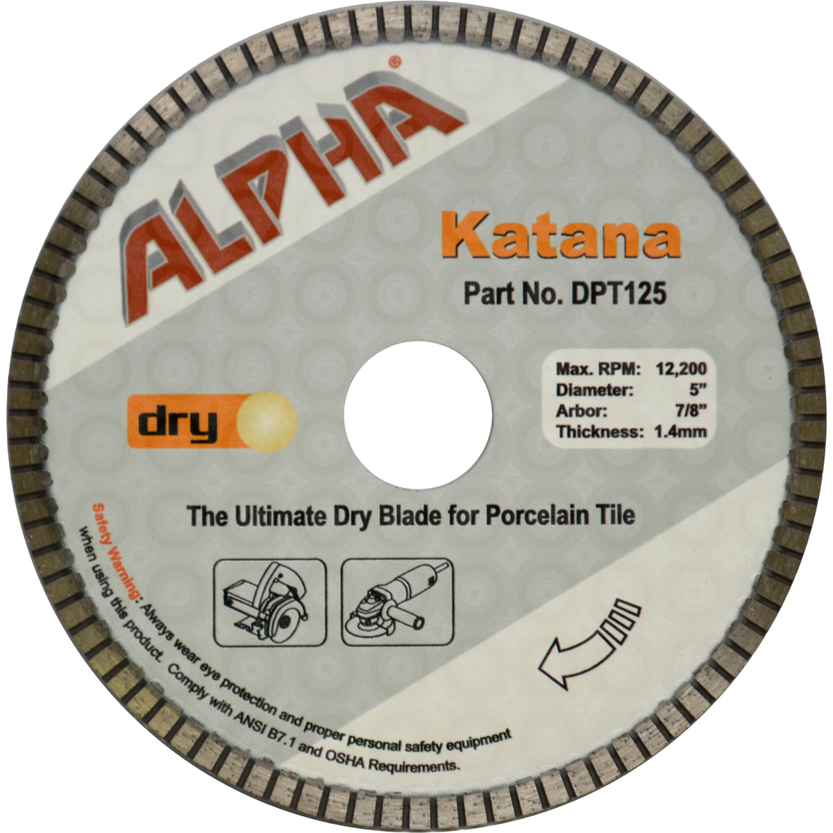 Alpha 5 inch Katana diamond blade for porcelain tile on a white background