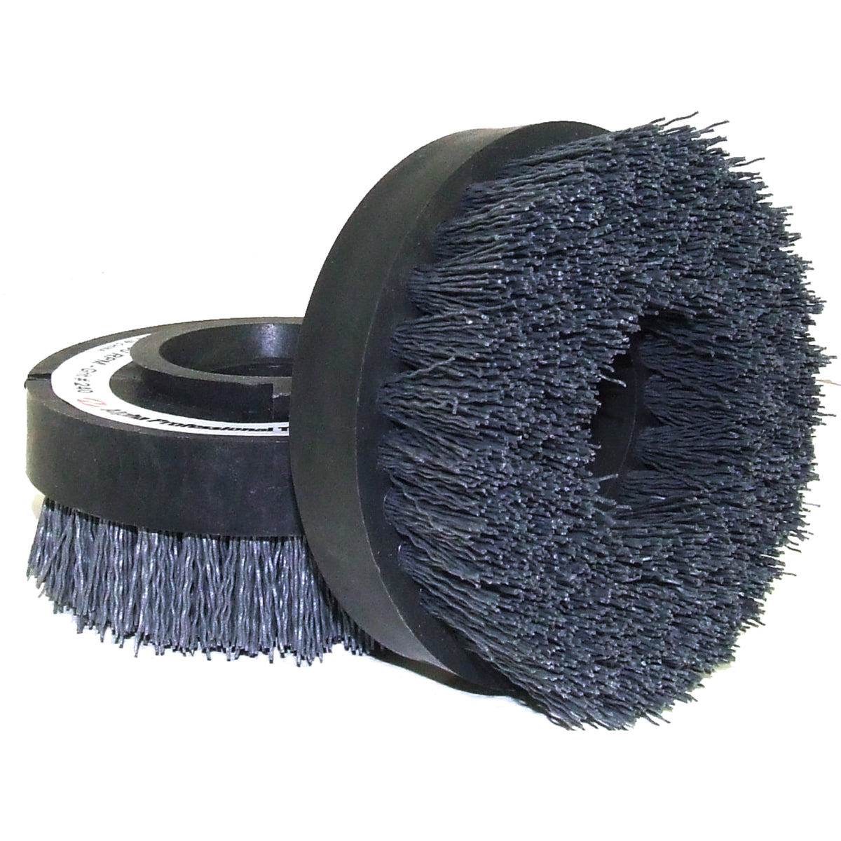A set of two black nylon bristle brush wheels designed for stone surface texturing.