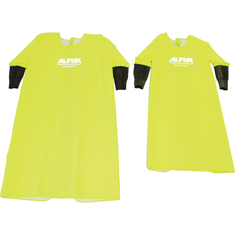 Two long sleeve alpha waterproof aprons, one small and one large on a white background