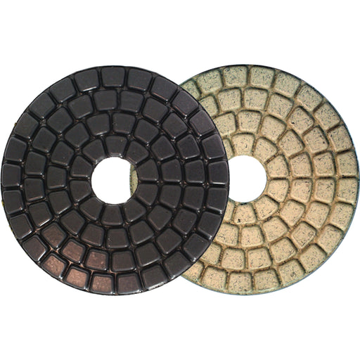 Alpha ceramic buff polishing pads, white and black on a white background