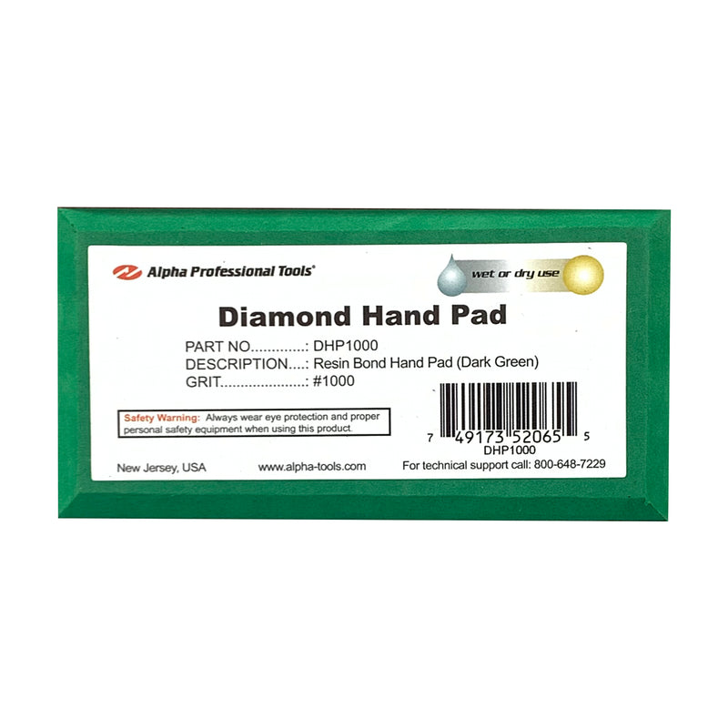 Alpha dark green 1000 grit diamond hand pad on a white background