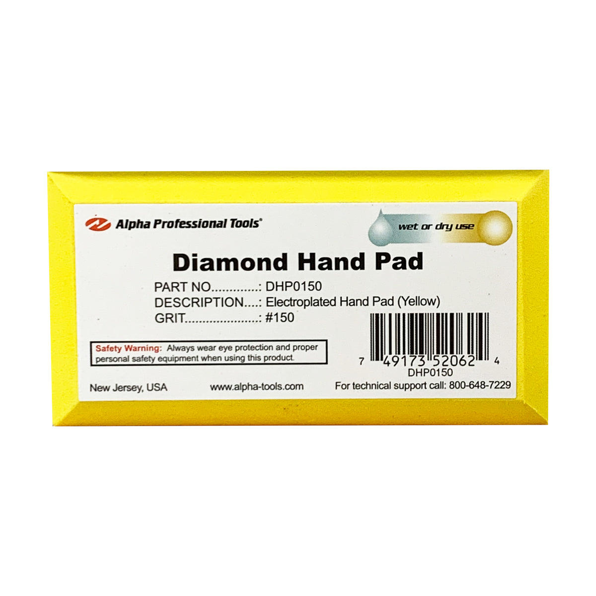 Alpha yellow 150 grit diamond hand pad on a white background