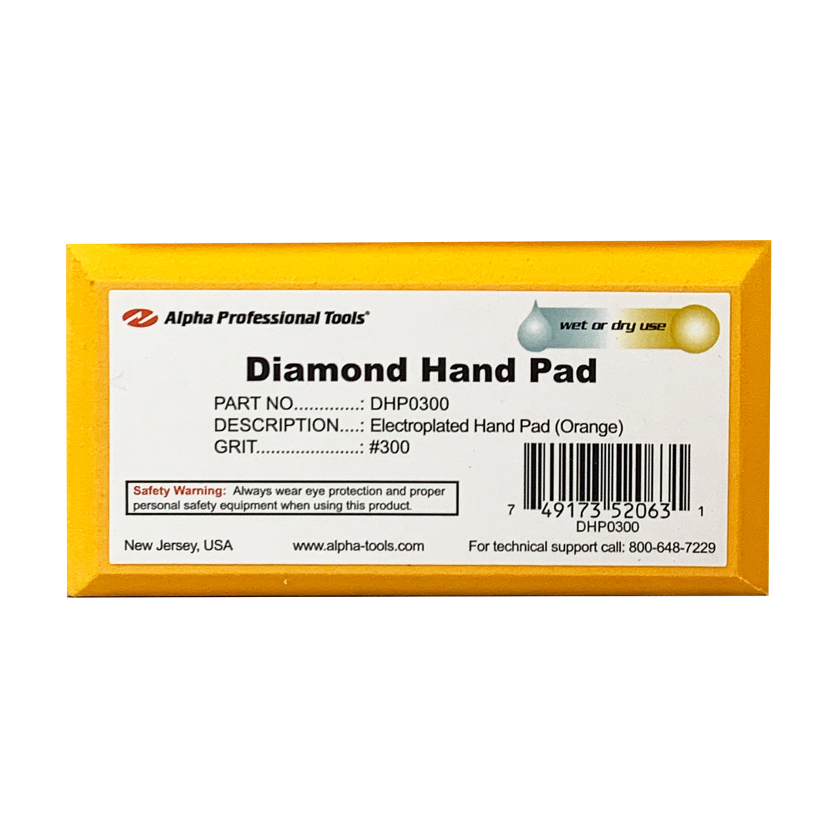 Alpha orange 300 grit diamond hand pad on a white background