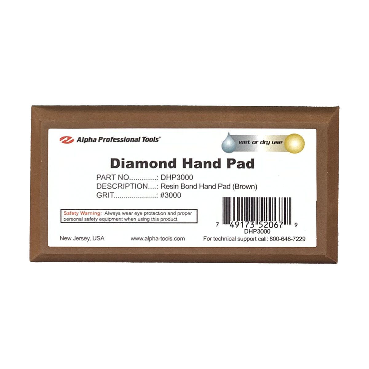 Alpha brown 3000 grit diamond hand pad on a white background