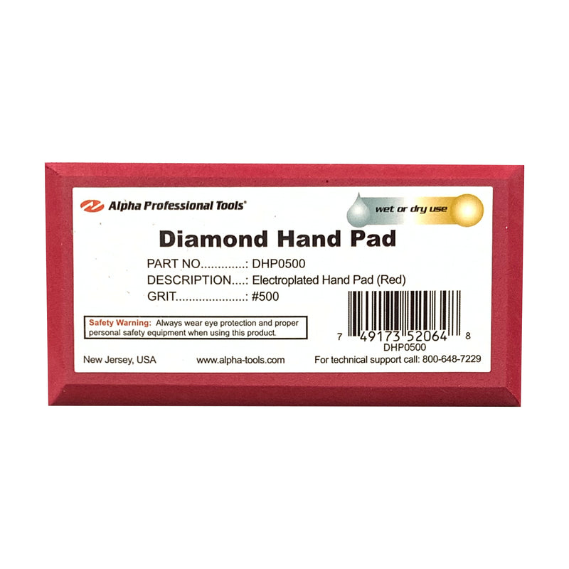 Alpha red 500 grit diamond hand pad on a white background