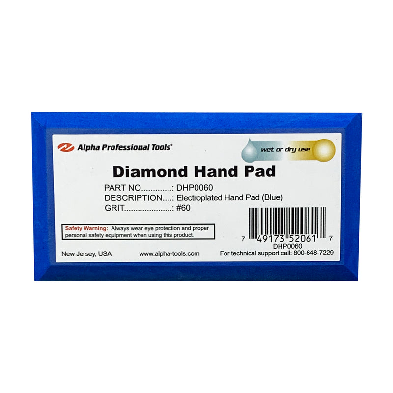 Alpha blue 60 grit diamond hand pad on a white background