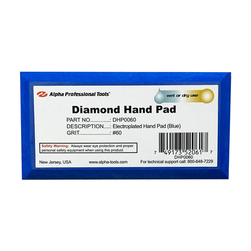 Alpha blue 60 grit diamond hand pad on a white background