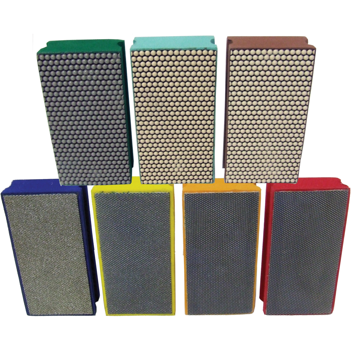 Set of seven diamond hand pads in various colors on a white background