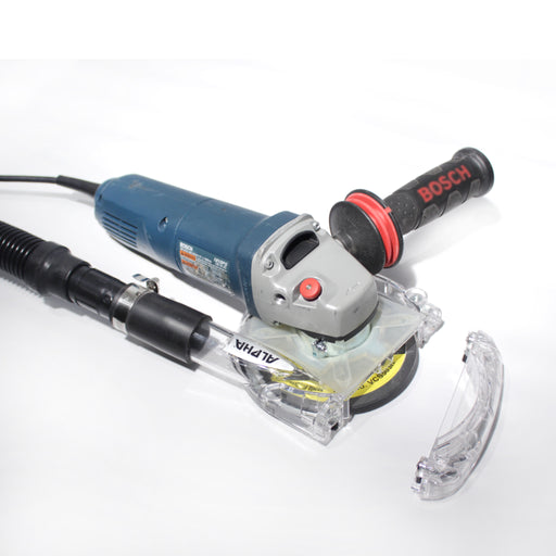 Alpha ecoguard type g attached to bosch grinder on a white background