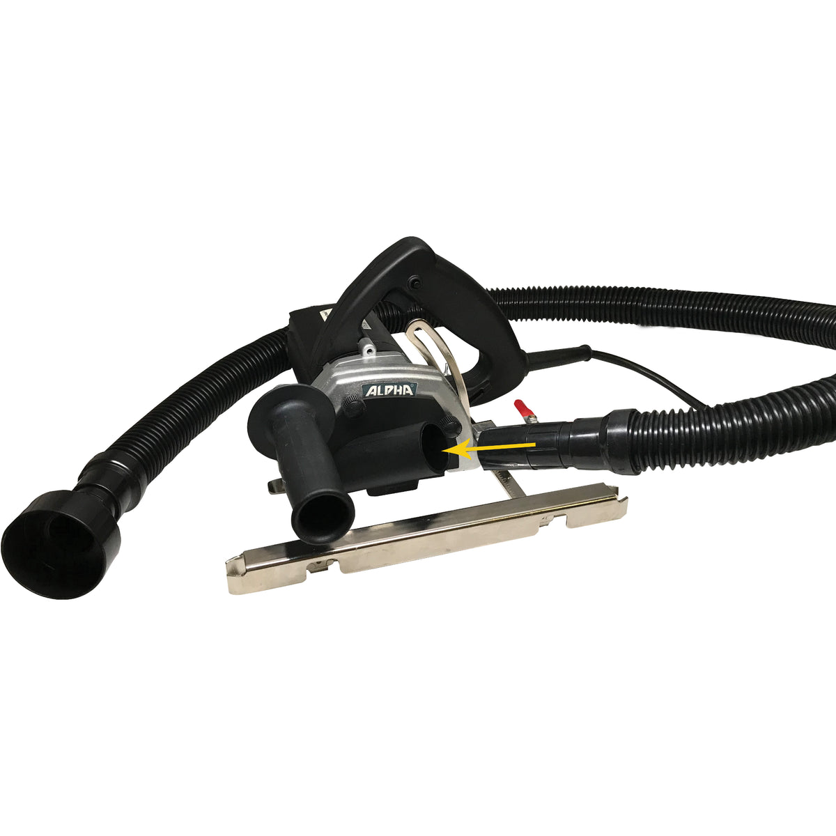 alpha esc-125 5 inch stone cutter with vacuum hose on a white background