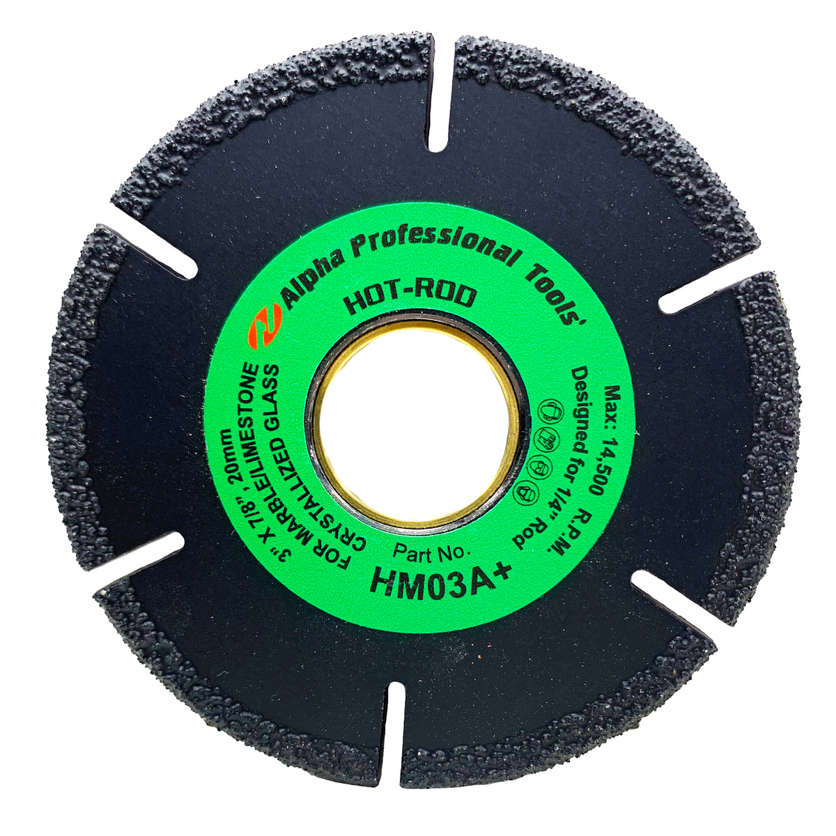 Alpha Professional Tools grinding wheel with green label on a white background