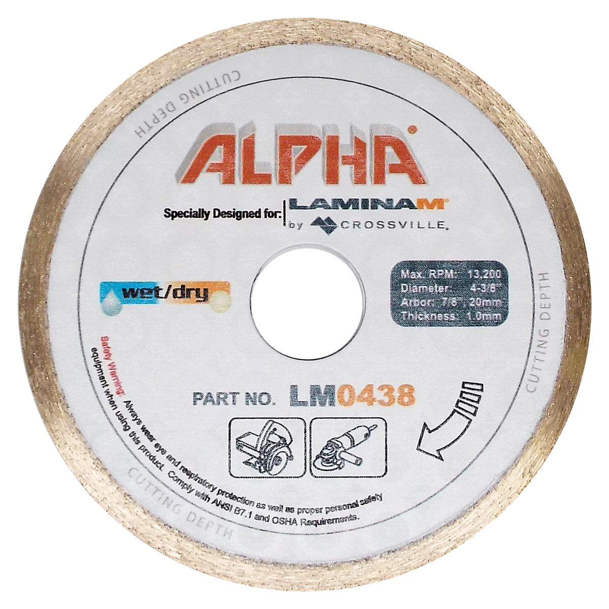 Alpha Laminam diamond cutting disc with branding and specifications on a white background