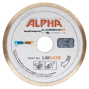 Alpha Laminam diamond cutting disc with branding and specifications on a white background