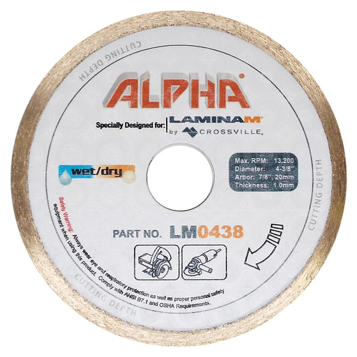 Alpha Laminam diamond cutting disc with branding and specifications on a white background