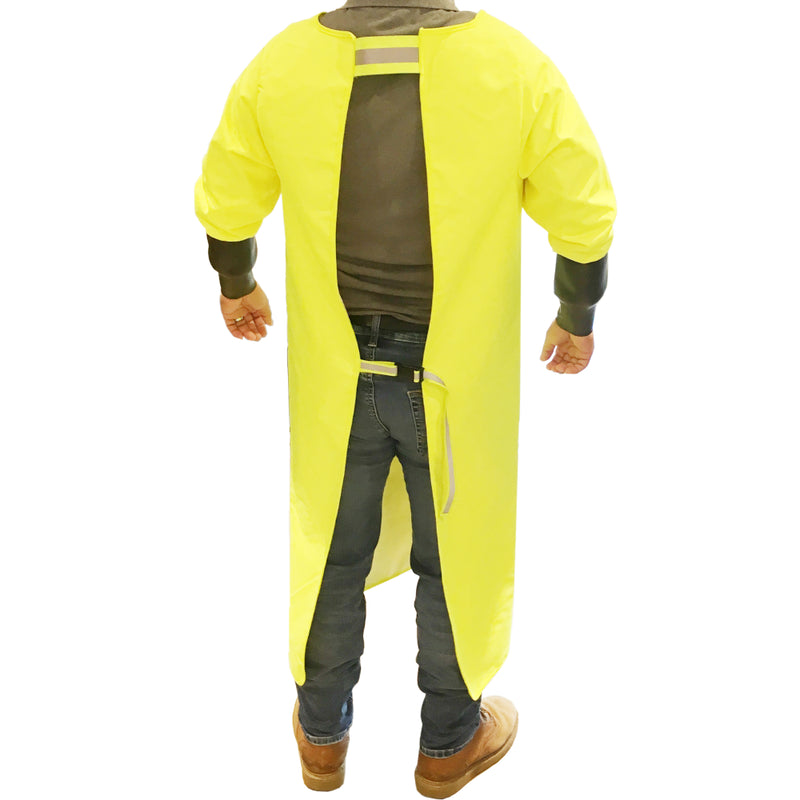 Back side of a person wearing the alpha long sleeve waterproof apron on a white background