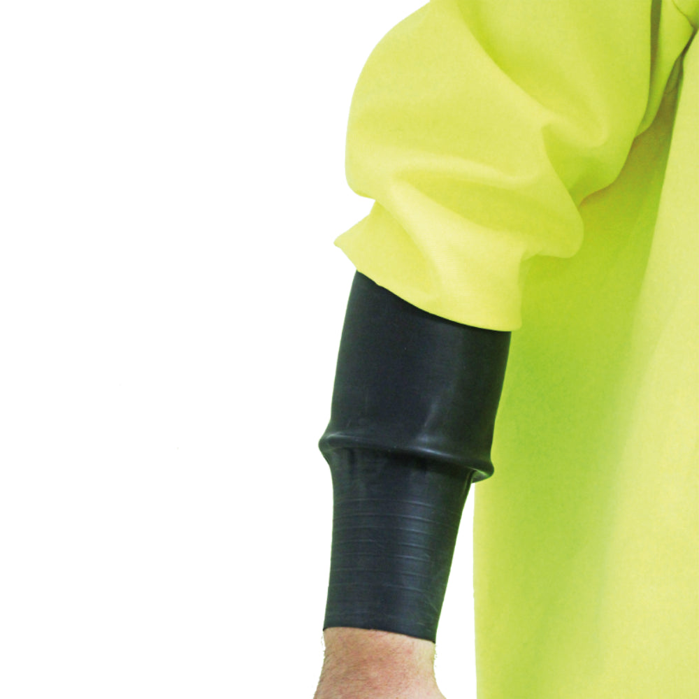 Close up of a person wearing the alpha long sleeve waterproof apron on a white background