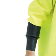 Close up of a person wearing the alpha long sleeve waterproof apron on a white background