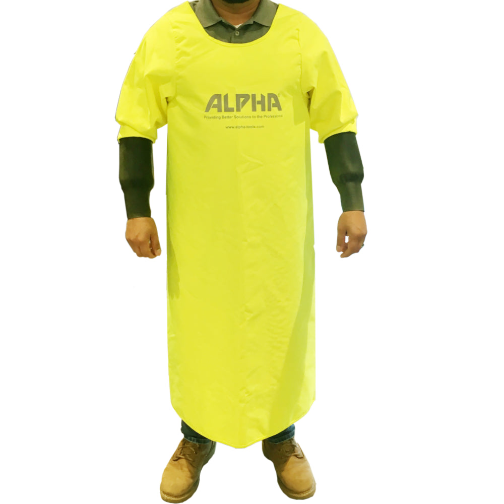 Front side of a person wearing the alpha long sleeve waterproof apron on a white background