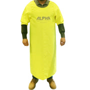 Front side of a person wearing the alpha long sleeve waterproof apron on a white background