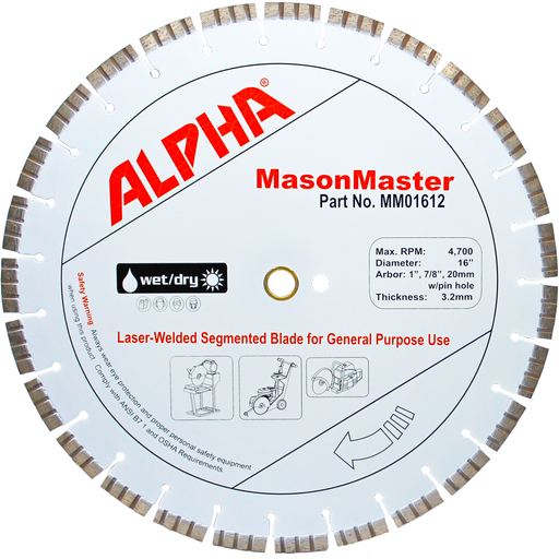 Alpha Professional Tools MasonMaster Diamond Blade, 16 Inch