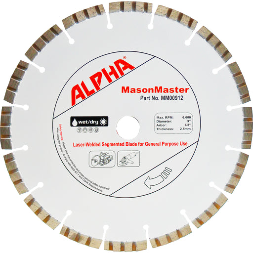 Alpha 9 inch MasonMaster diamond blade for general purpose use on a white background