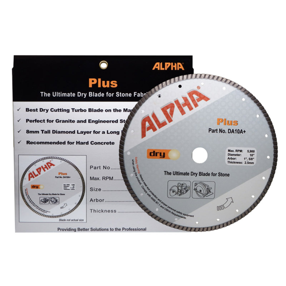 Alpha 10 inch Plus diamond blade for stone fabrication with packaging on a white background