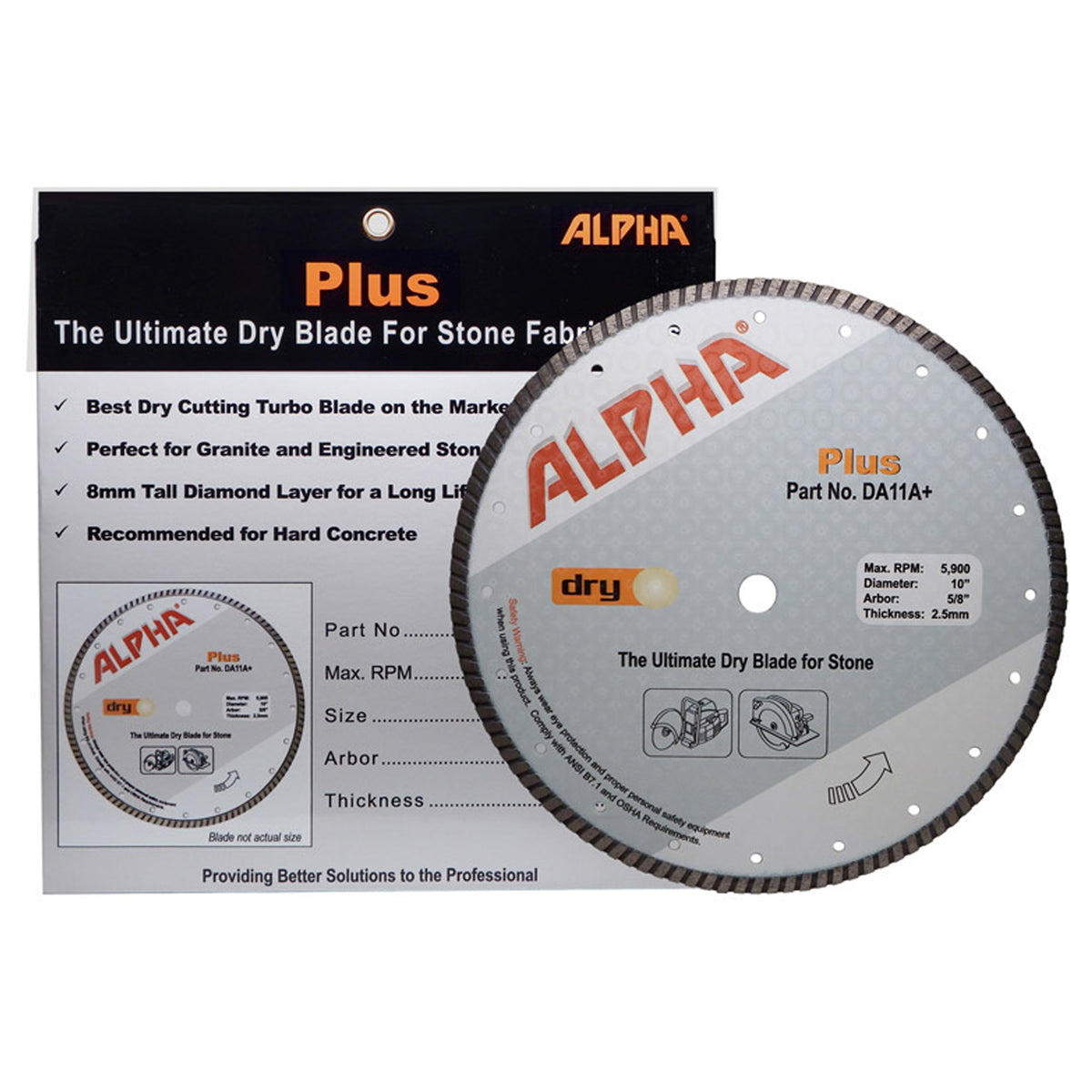 Alpha 10 inch Plus diamond blade for stone fabrication with packaging on a white background
